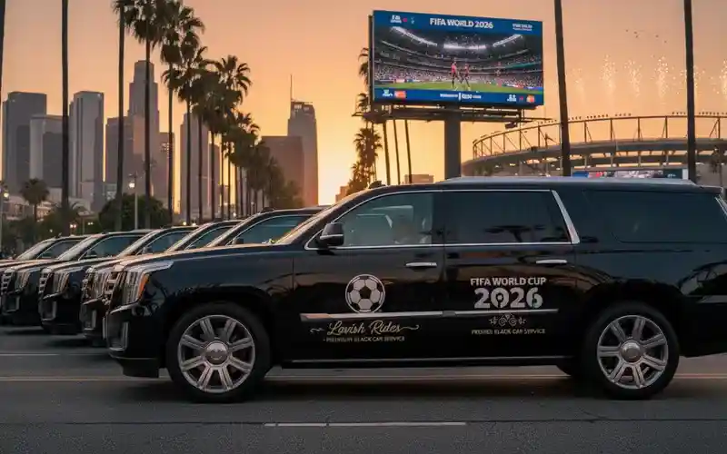 AI Images of several Black 1st Class SUVs with the name of Lavish Ride on the door, symbolizing FIFA 2026 Black Car Service